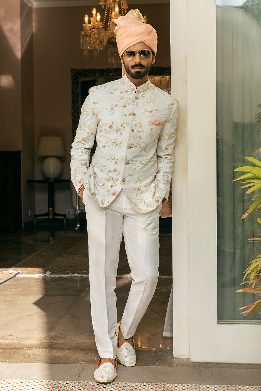 Off White Resham Embroidered Raw Silk Prince Coat (1-Pc) - Image 1