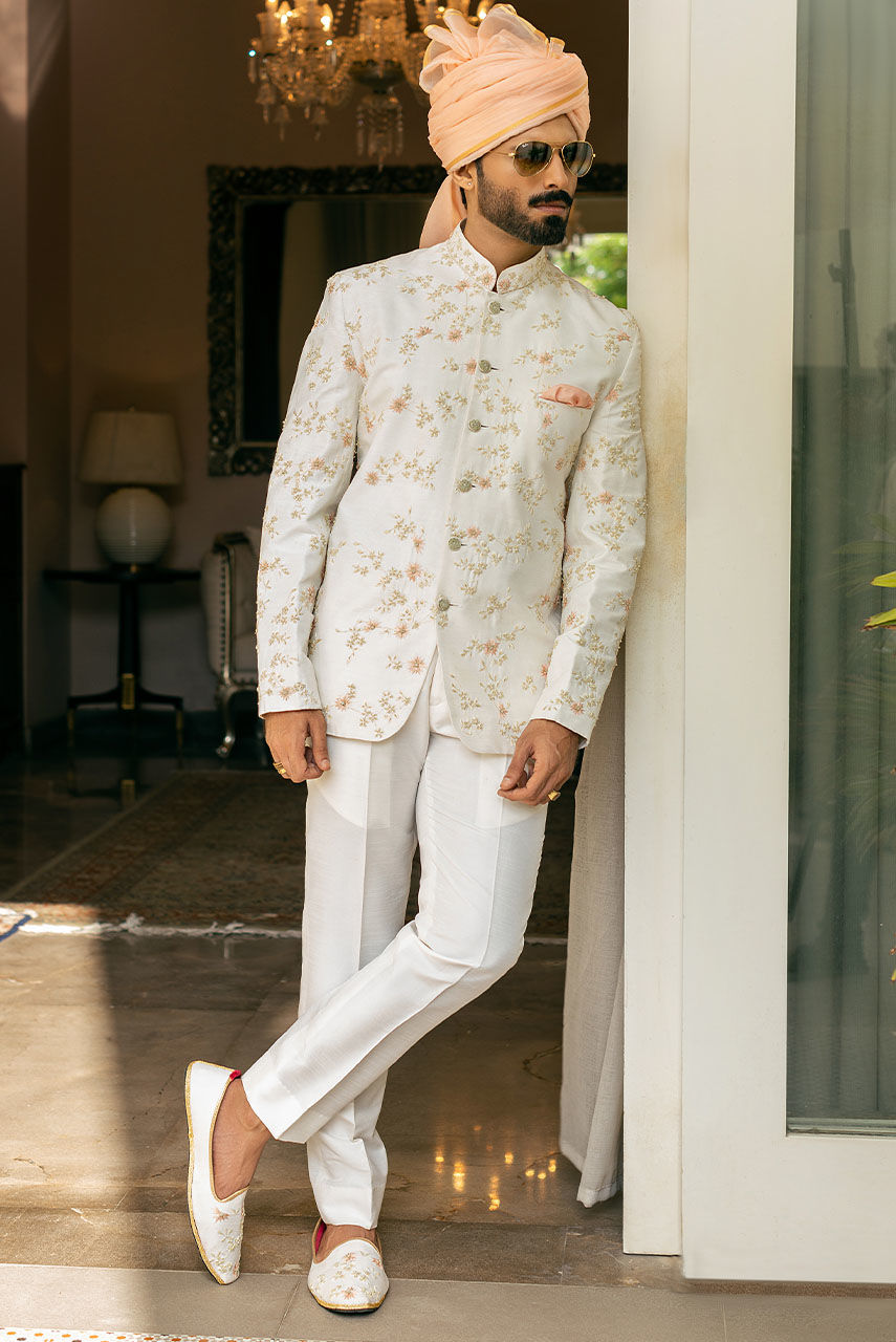 Off White Resham Embroidered Raw Silk Prince Coat (1-Pc) - Image 2