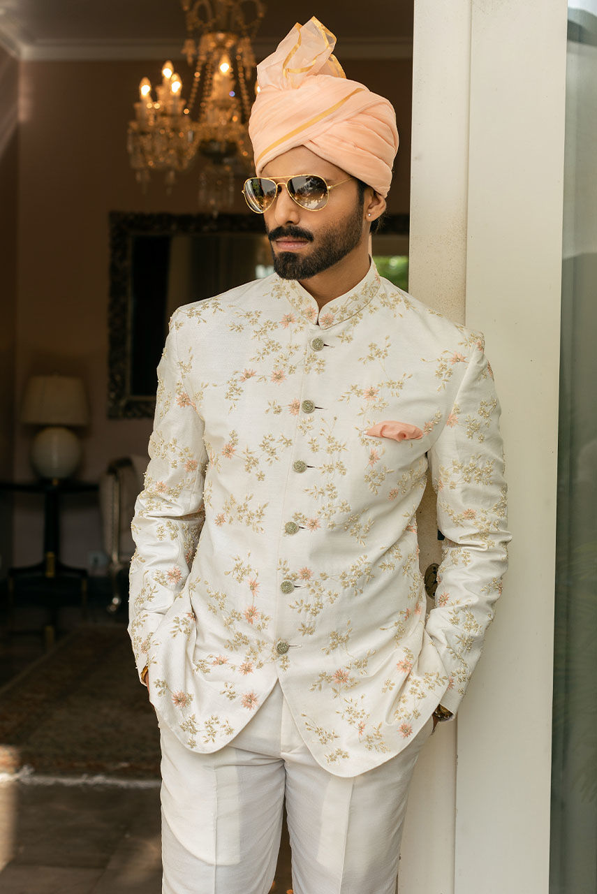 Off White Resham Embroidered Raw Silk Prince Coat (1-Pc) - Image 4