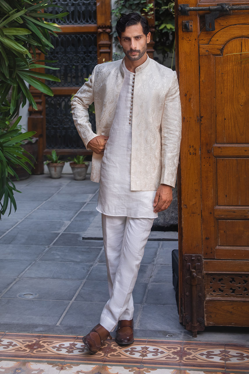 Off-White Resham Embroidered Raw Silk Prince Coat (1-Pc) - Image 1