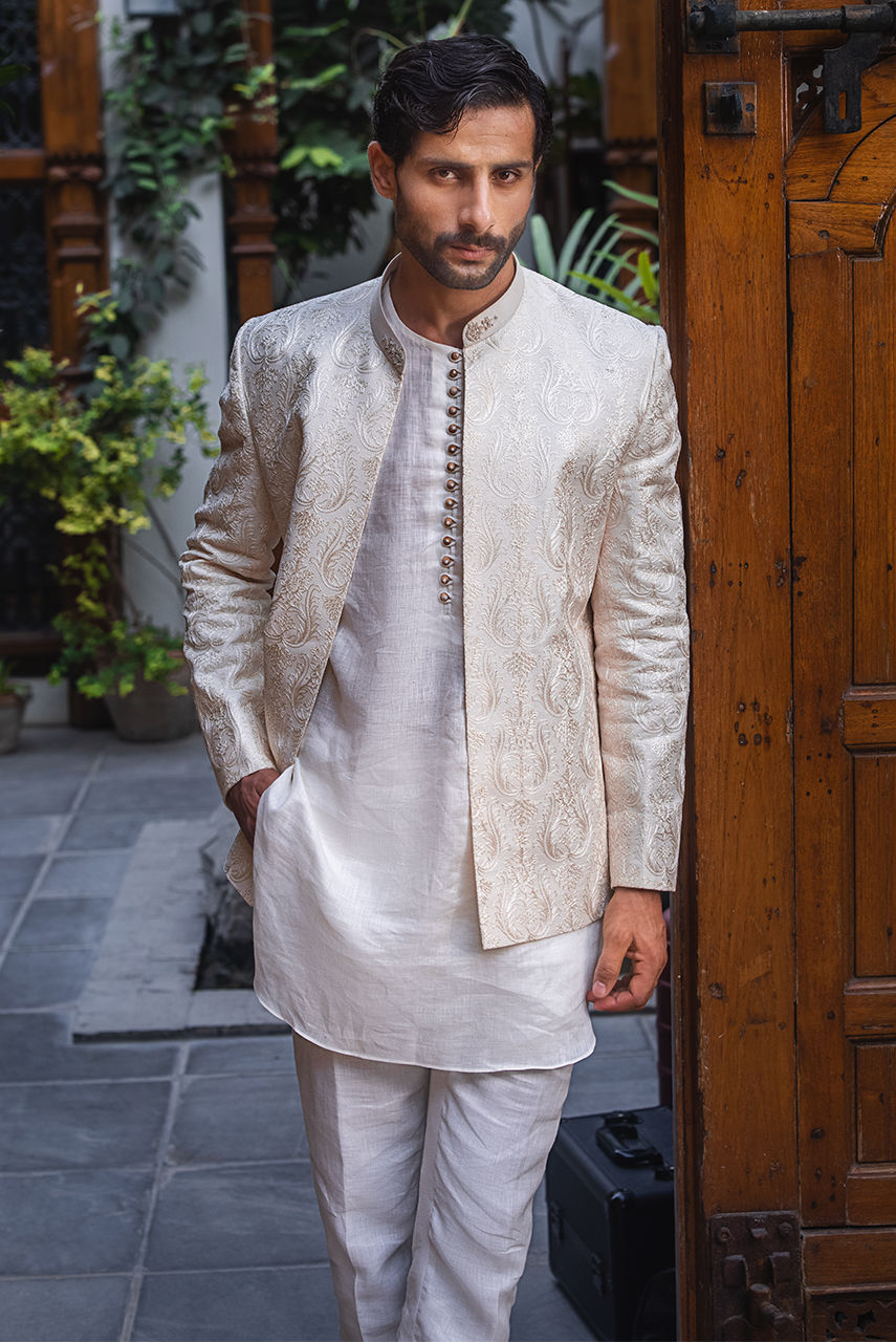 Off-White Resham Embroidered Raw Silk Prince Coat (1-Pc) - Image 2