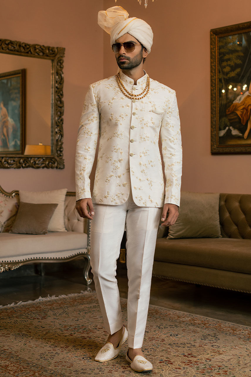 Off White Resham Embroidered Raw Silk Prince Coat (1-Pc) - Image 1