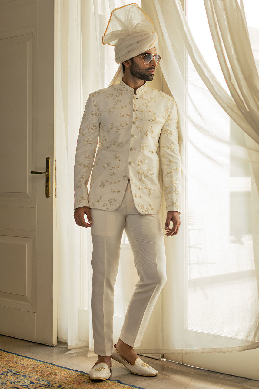Off White Resham Embroidered Raw Silk Prince Coat (1-Pc) - Image 2