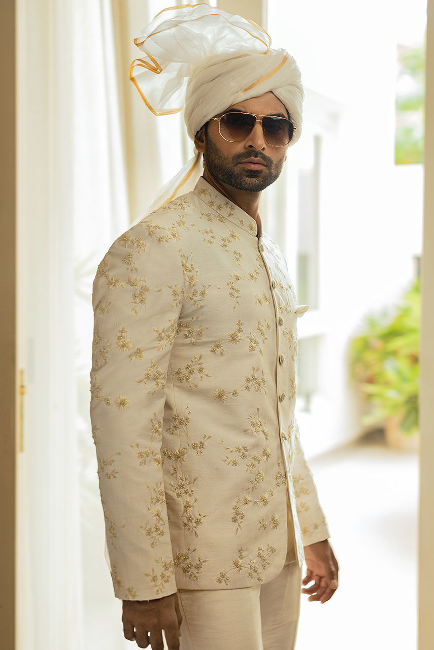 Off White Resham Embroidered Raw Silk Prince Coat (1-Pc) - Image 3
