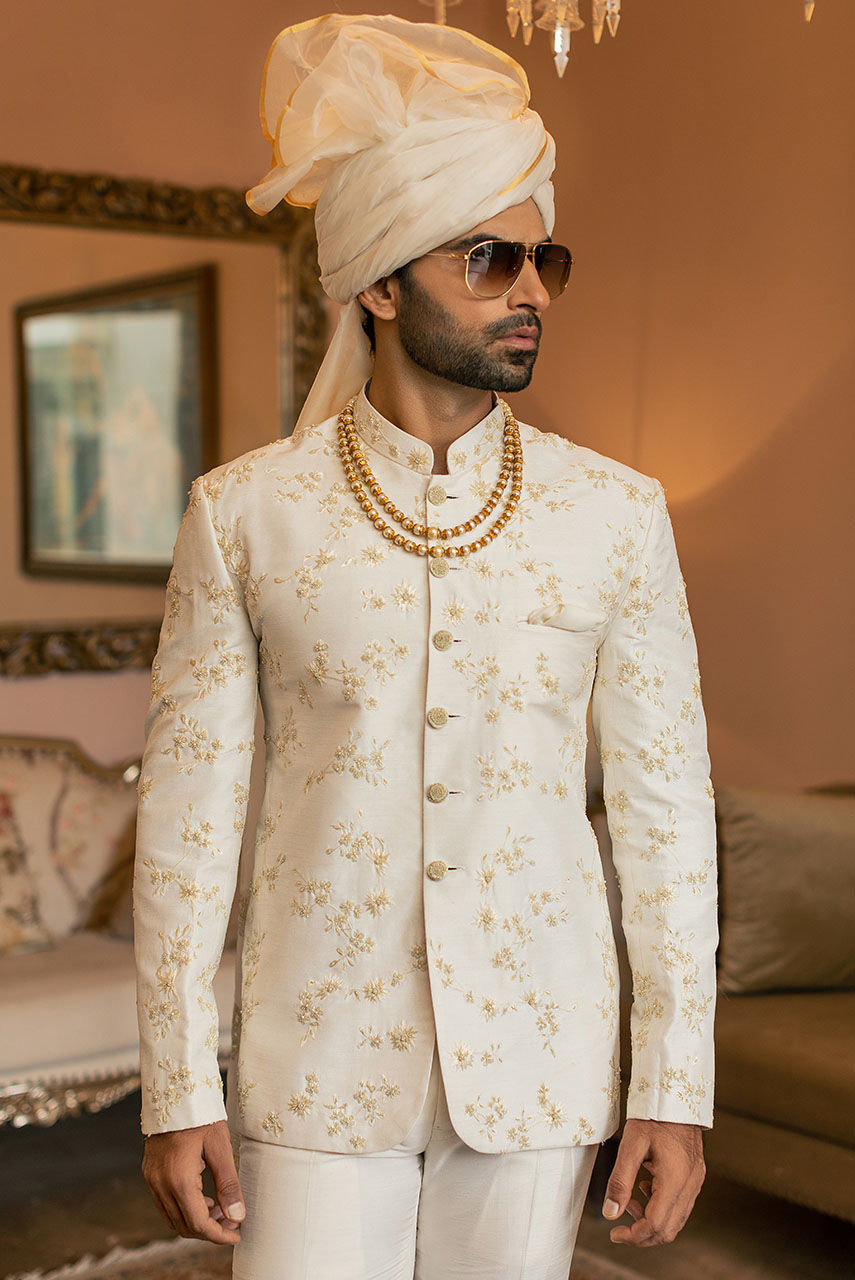 Off White Resham Embroidered Raw Silk Prince Coat (1-Pc) - Image 4