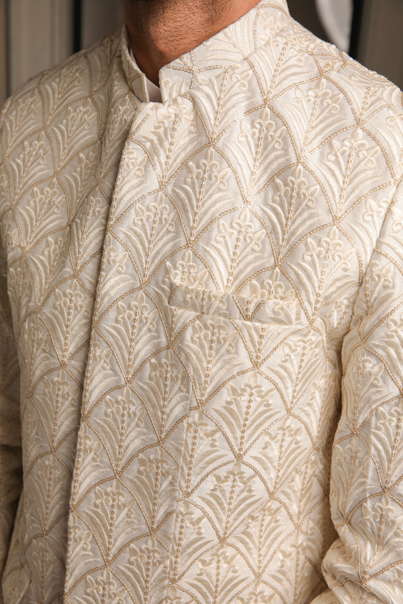 Off White Sequin Embroidered Raw Silk Prince Coat (3-Piece) - Image 4