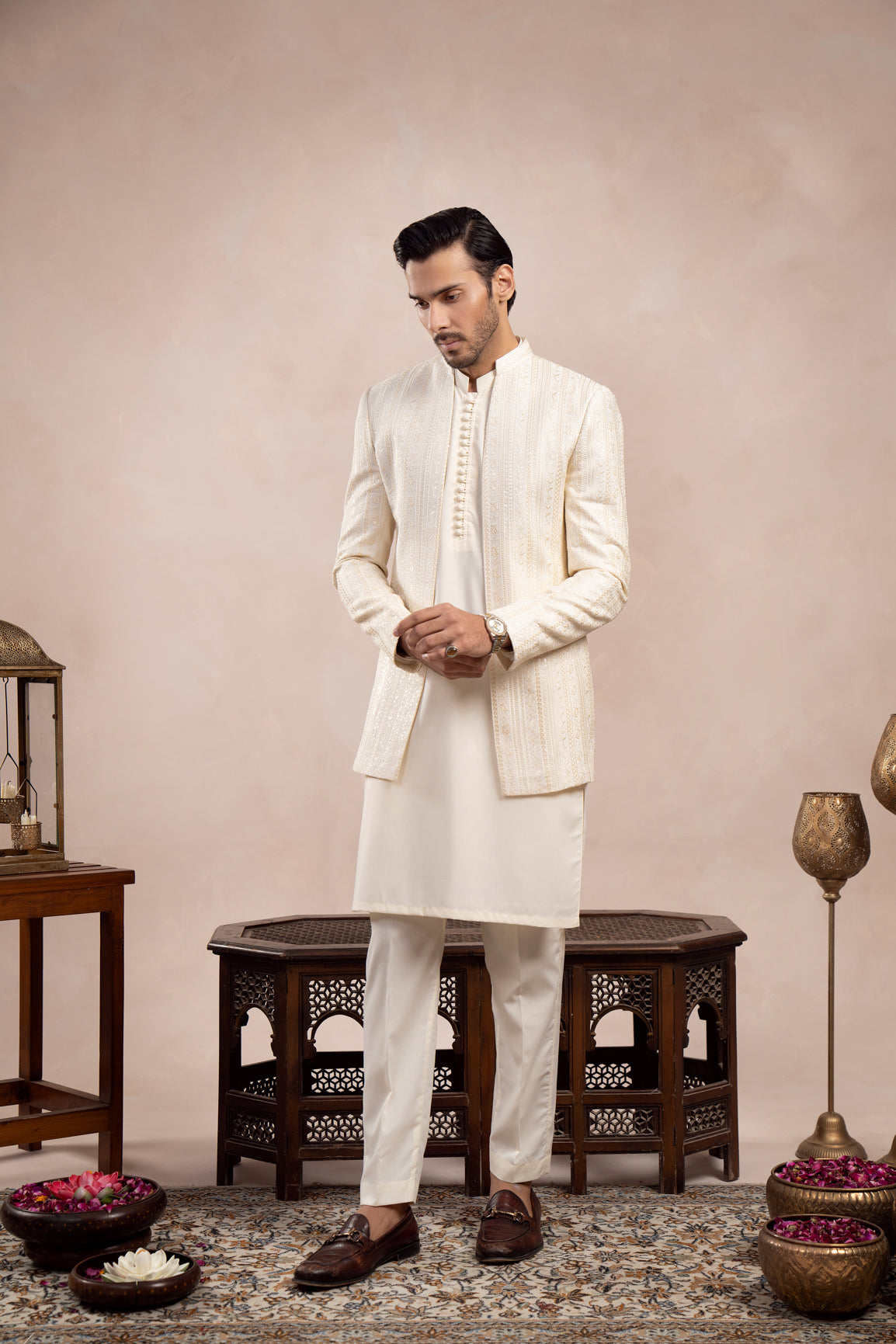 Ivory Embroidered Raw Silk Prince Coat (3-Piece) - Image 1