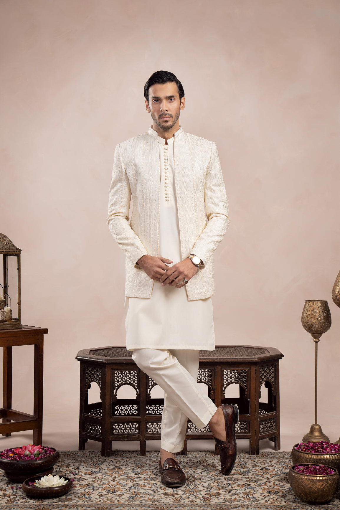 Ivory Embroidered Raw Silk Prince Coat (3-Piece) - Image 3