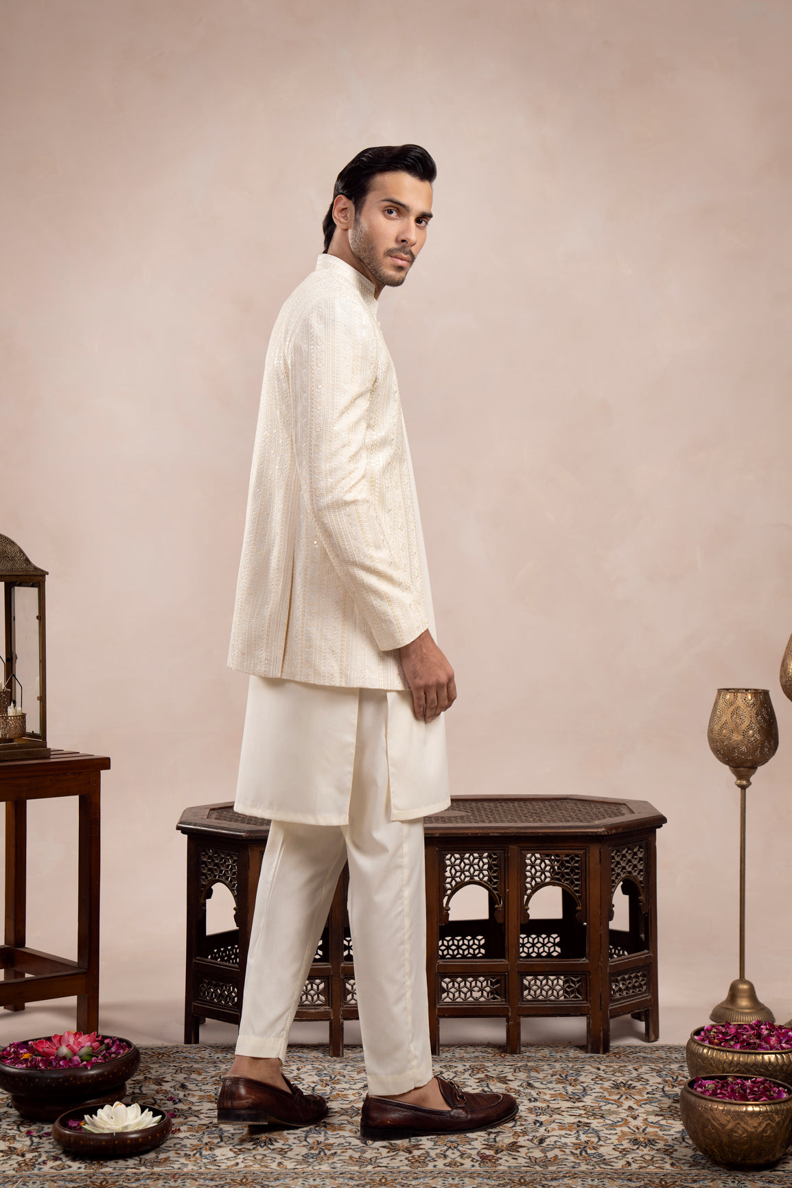 Ivory Embroidered Raw Silk Prince Coat (3-Piece) - Image 4