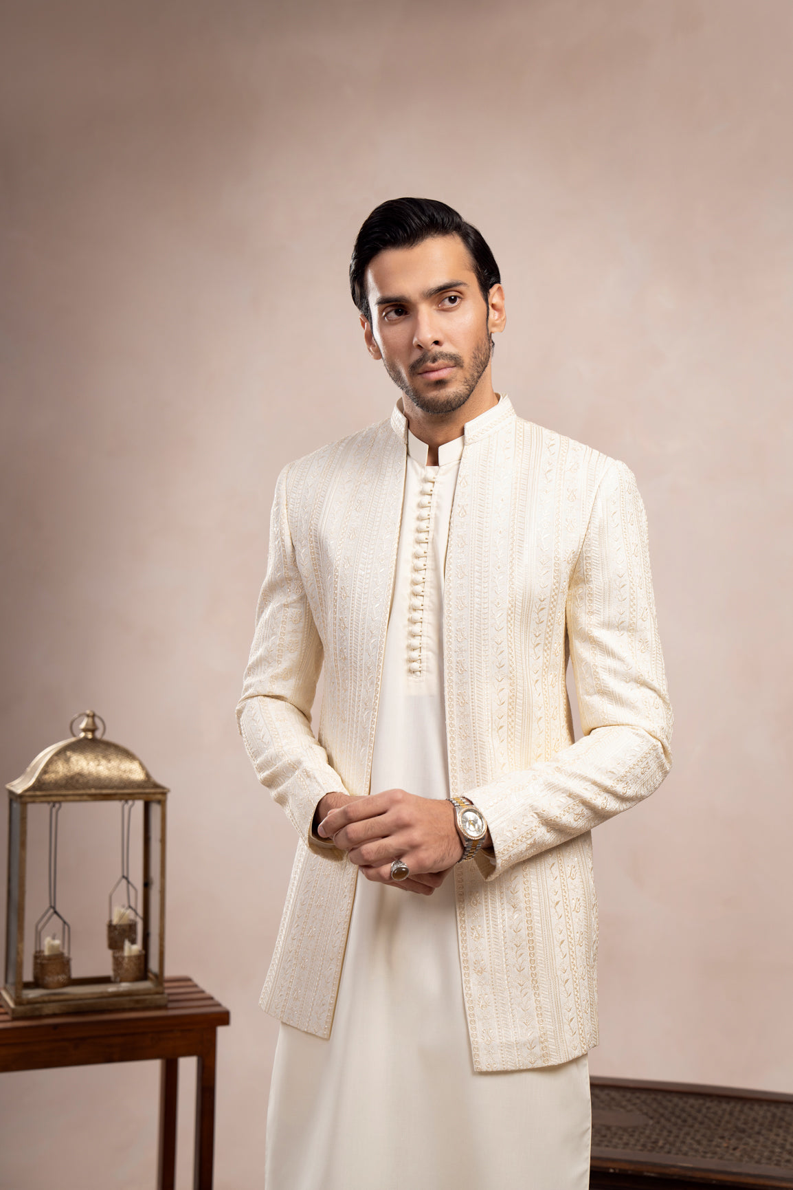 Ivory Embroidered Raw Silk Prince Coat (3-Piece) - Image 5