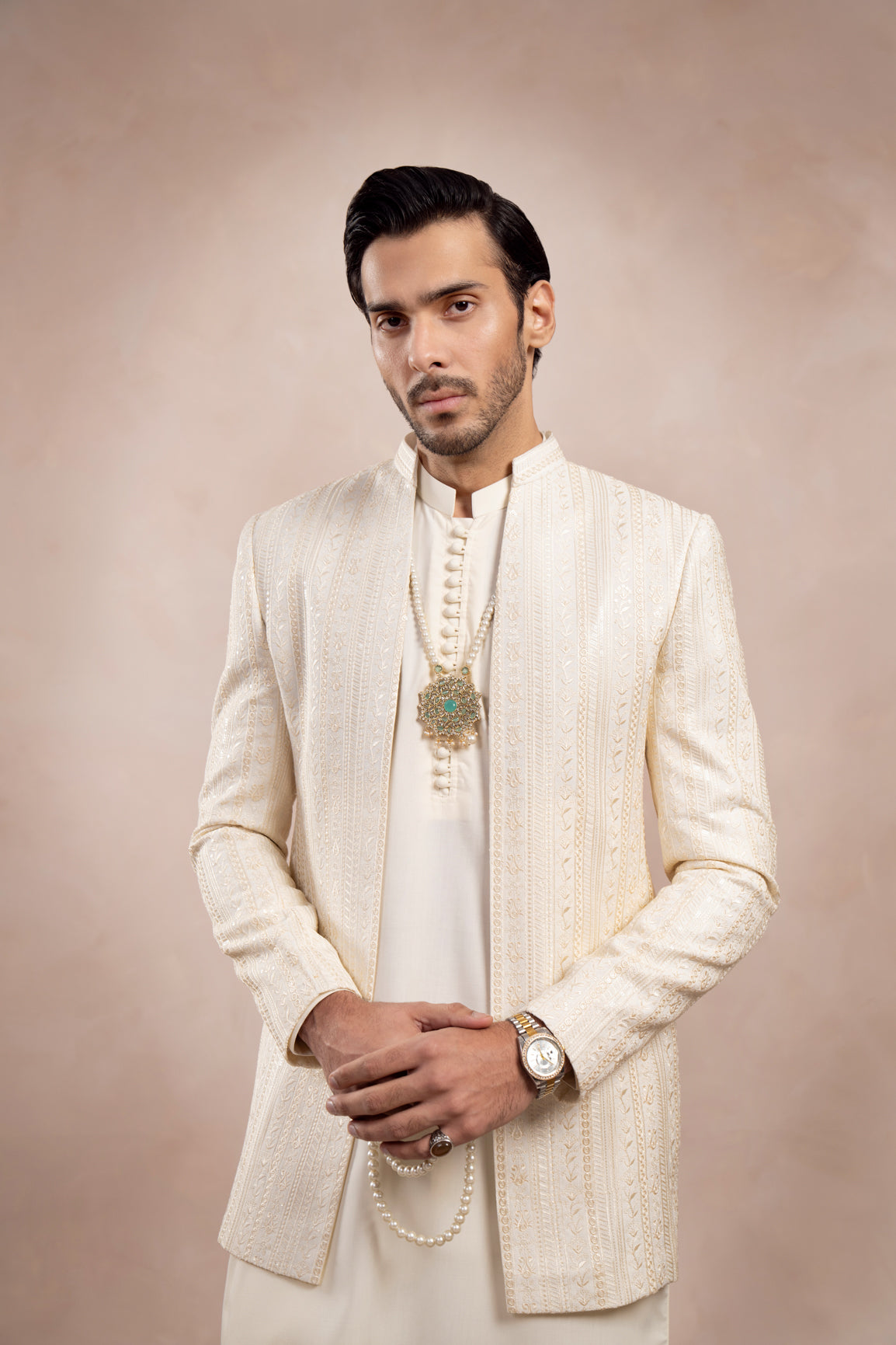 Ivory Embroidered Raw Silk Prince Coat (3-Piece) - Image 7