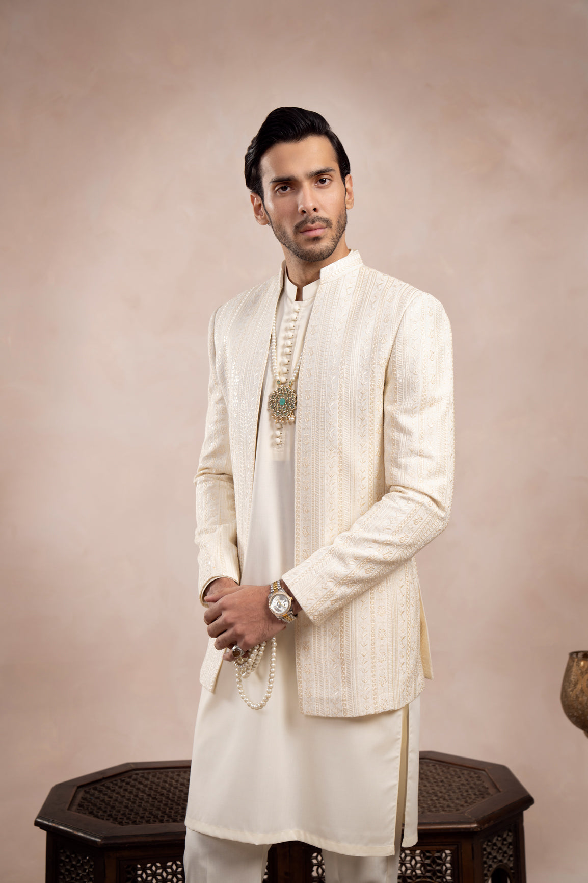 Ivory Embroidered Raw Silk Prince Coat (3-Piece) - Image 9