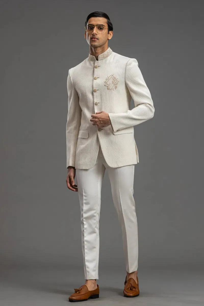 Off-White Zardosi Raw Silk Jodhpuri Suit (2-Piece) - Image 1