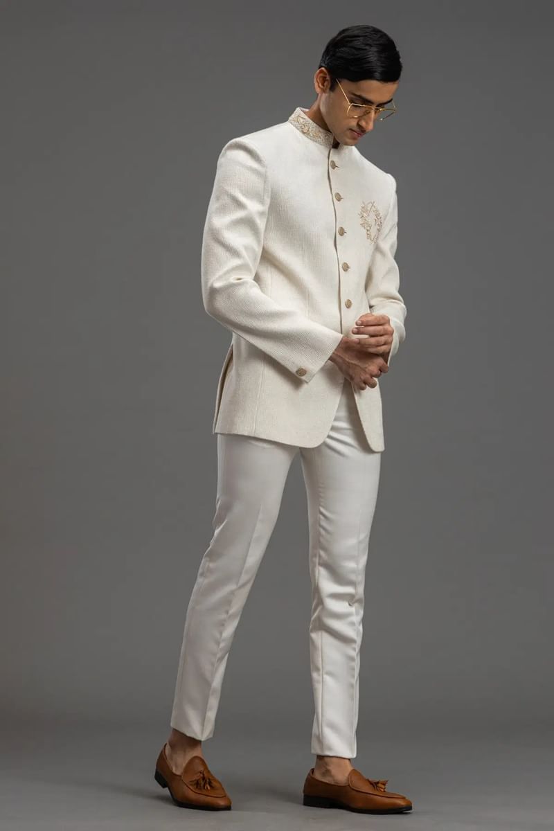 Off-White Zardosi Raw Silk Jodhpuri Suit (2-Piece) - Image 3