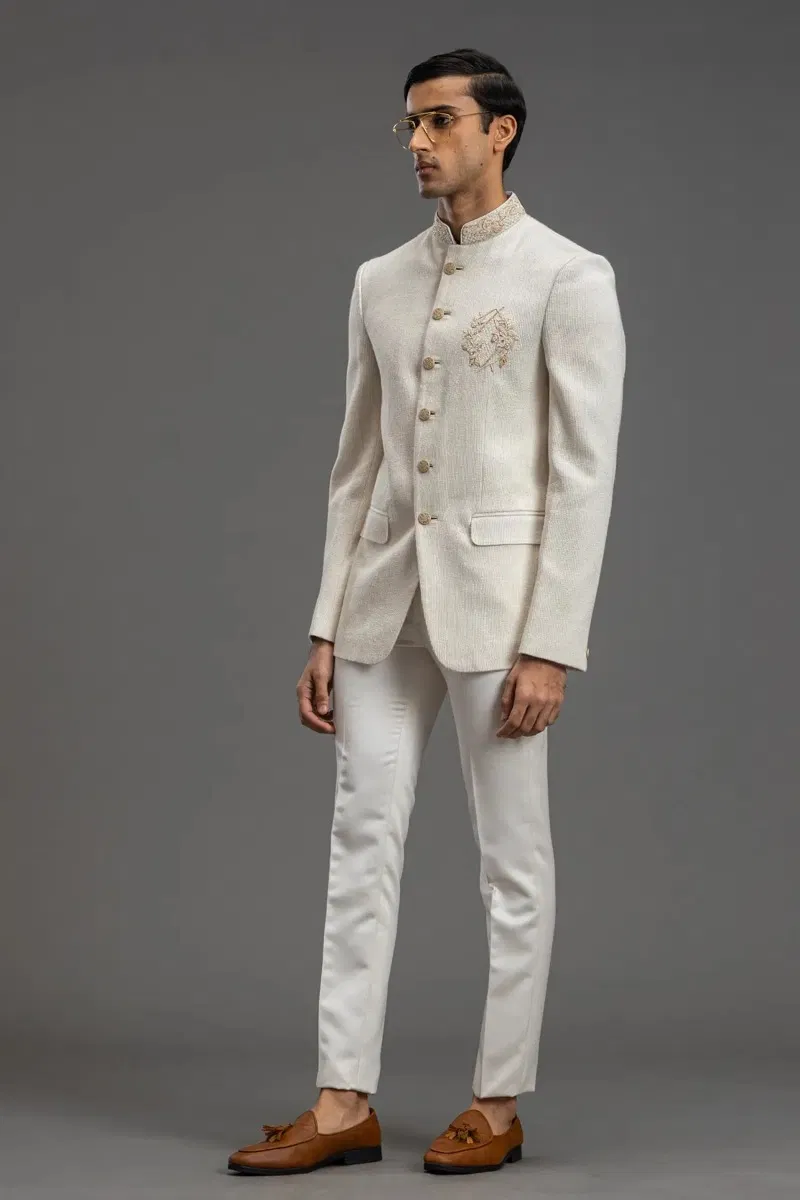 Off-White Zardosi Raw Silk Jodhpuri Suit (2-Piece) - Image 4