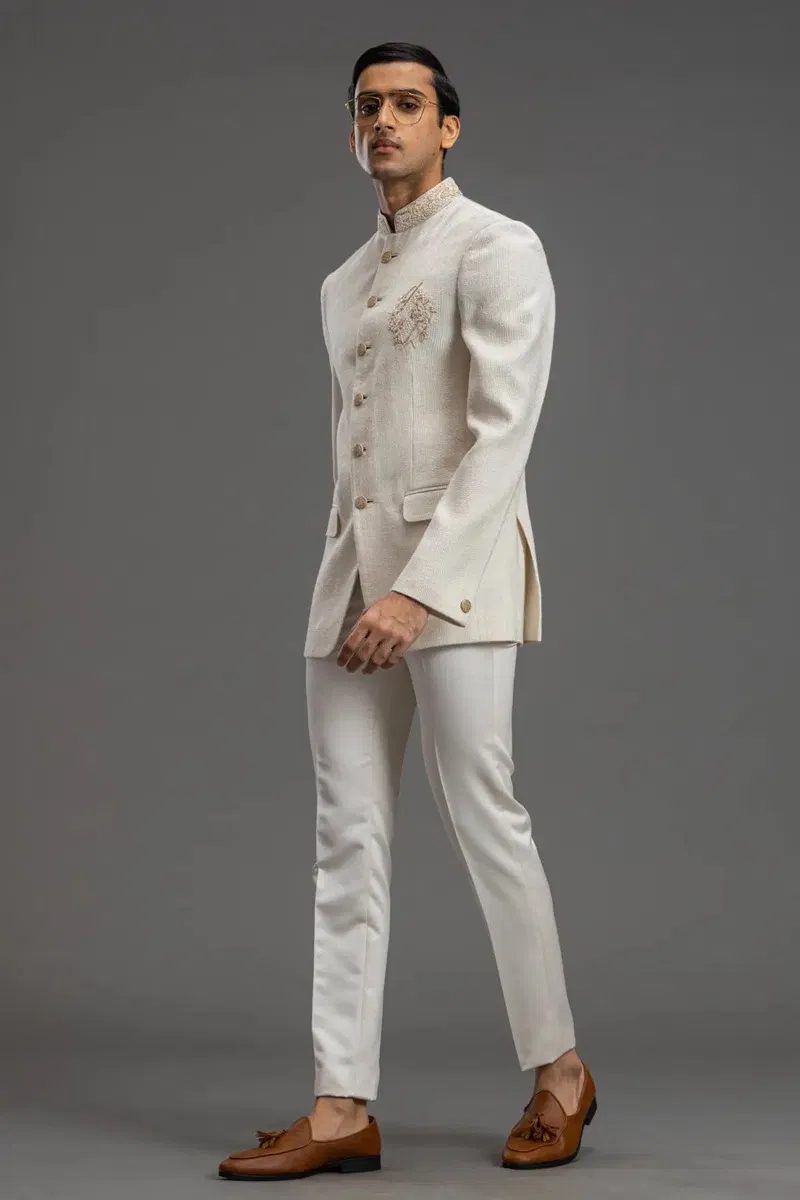 Off-White Zardosi Raw Silk Jodhpuri Suit (2-Piece) - Image 5