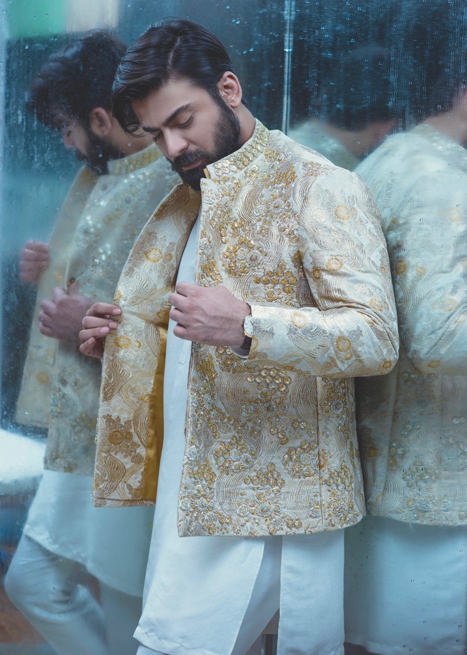 Ivory Gold Embroidered Self Silk Prince Coat (2-Piece) - Image 1