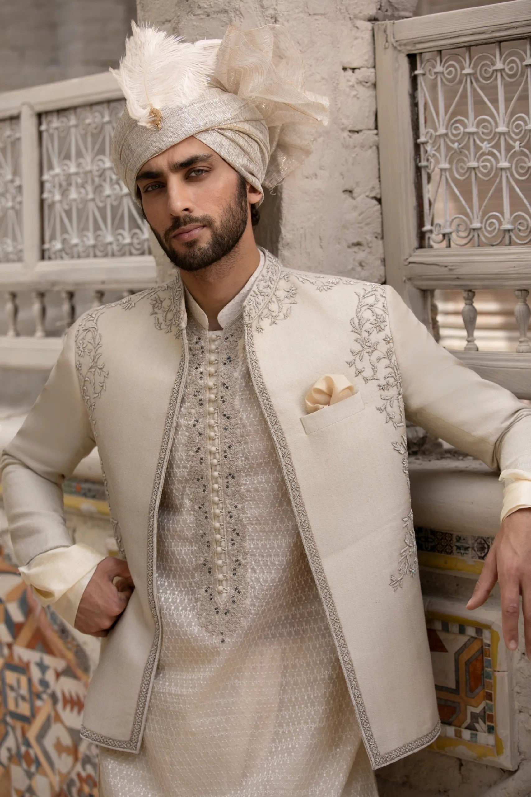 Ivory Embroidered Silk-Blend Prince Coat (3-Piece) - Image 1