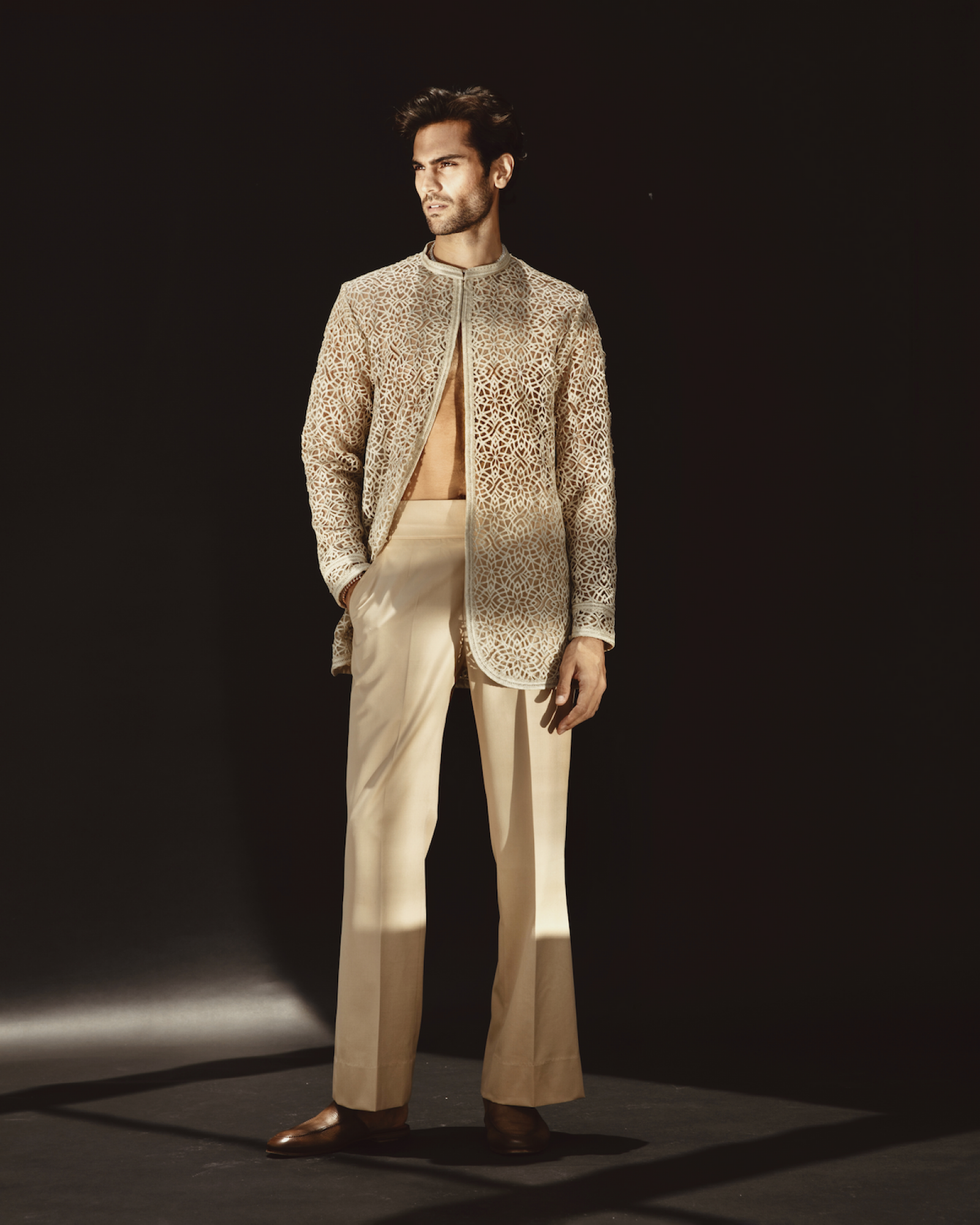 Ivory Geometric Cutwork Silk-Blend Prince Coat (2-Piece) - Image 1