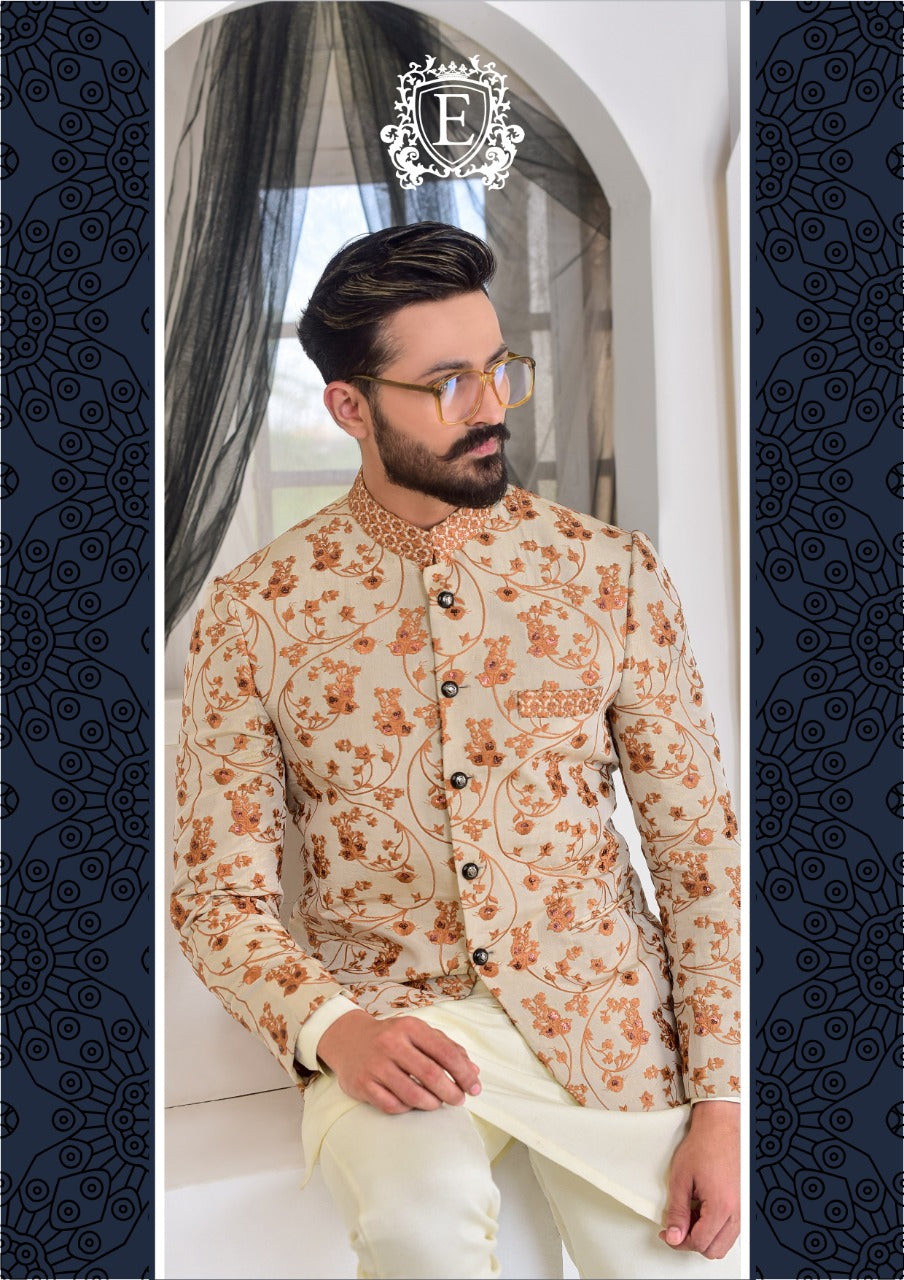 Ivory Rust Embroidered Silk-Blend Prince Coat (1-Pc) - Image 1