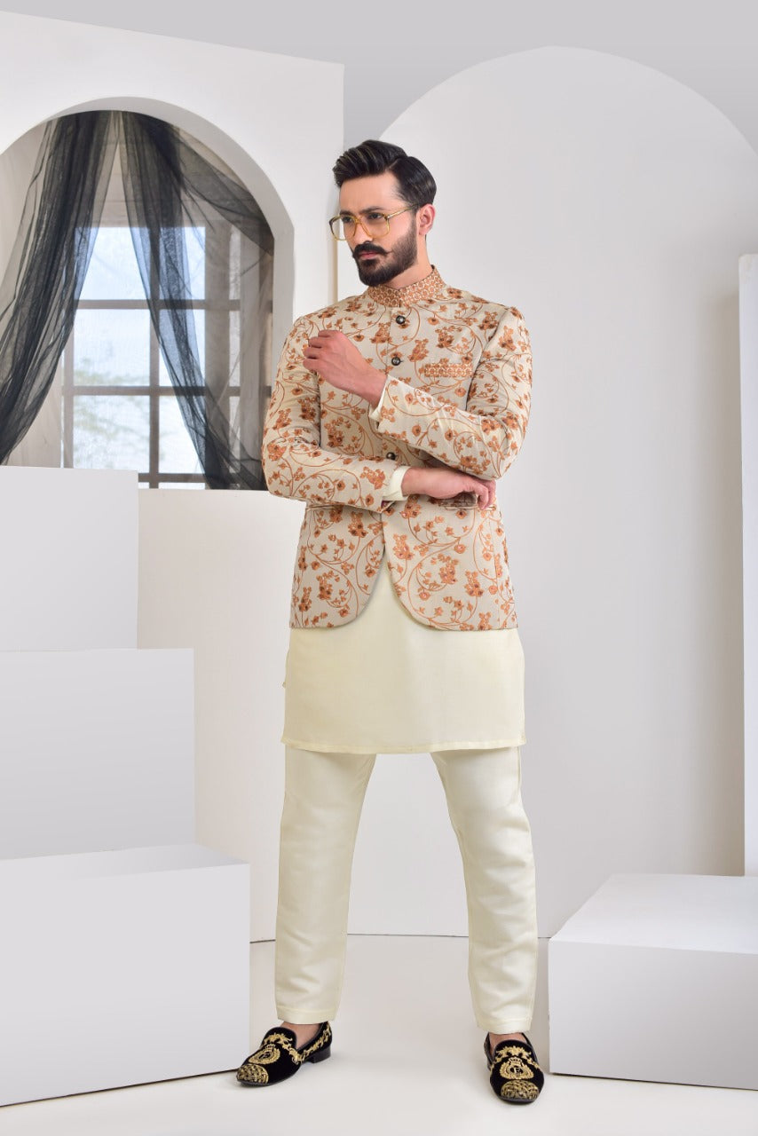 Ivory Rust Embroidered Silk-Blend Prince Coat (1-Pc) - Image 2