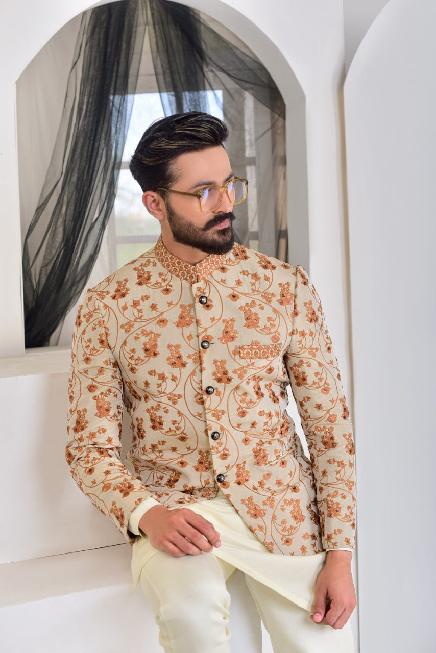 Ivory Rust Embroidered Silk-Blend Prince Coat (1-Pc) - Image 3