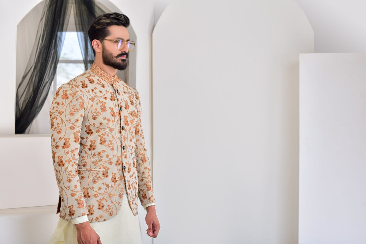 Ivory Rust Embroidered Silk-Blend Prince Coat (1-Pc) - Image 4