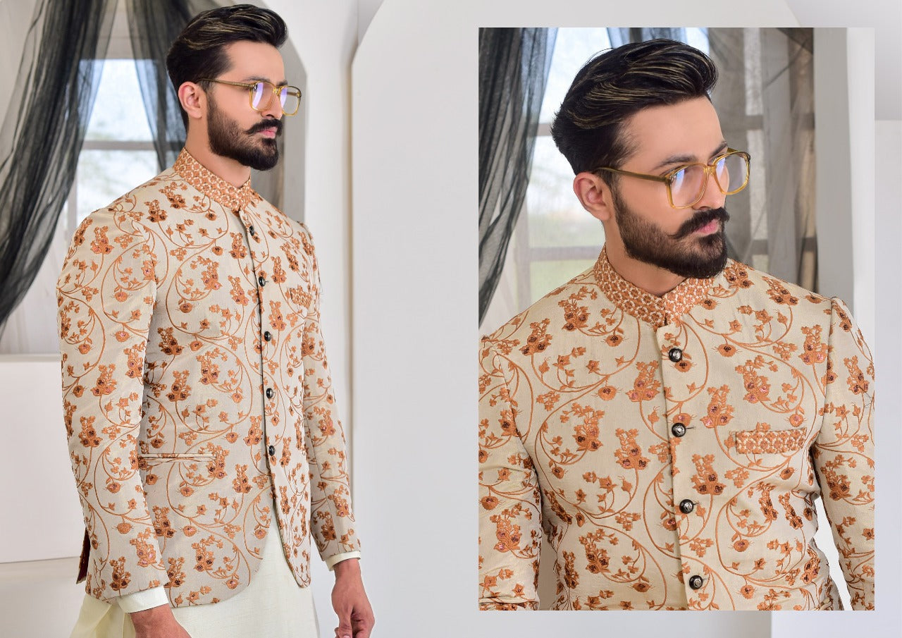 Ivory Rust Embroidered Silk-Blend Prince Coat (1-Pc) - Image 5