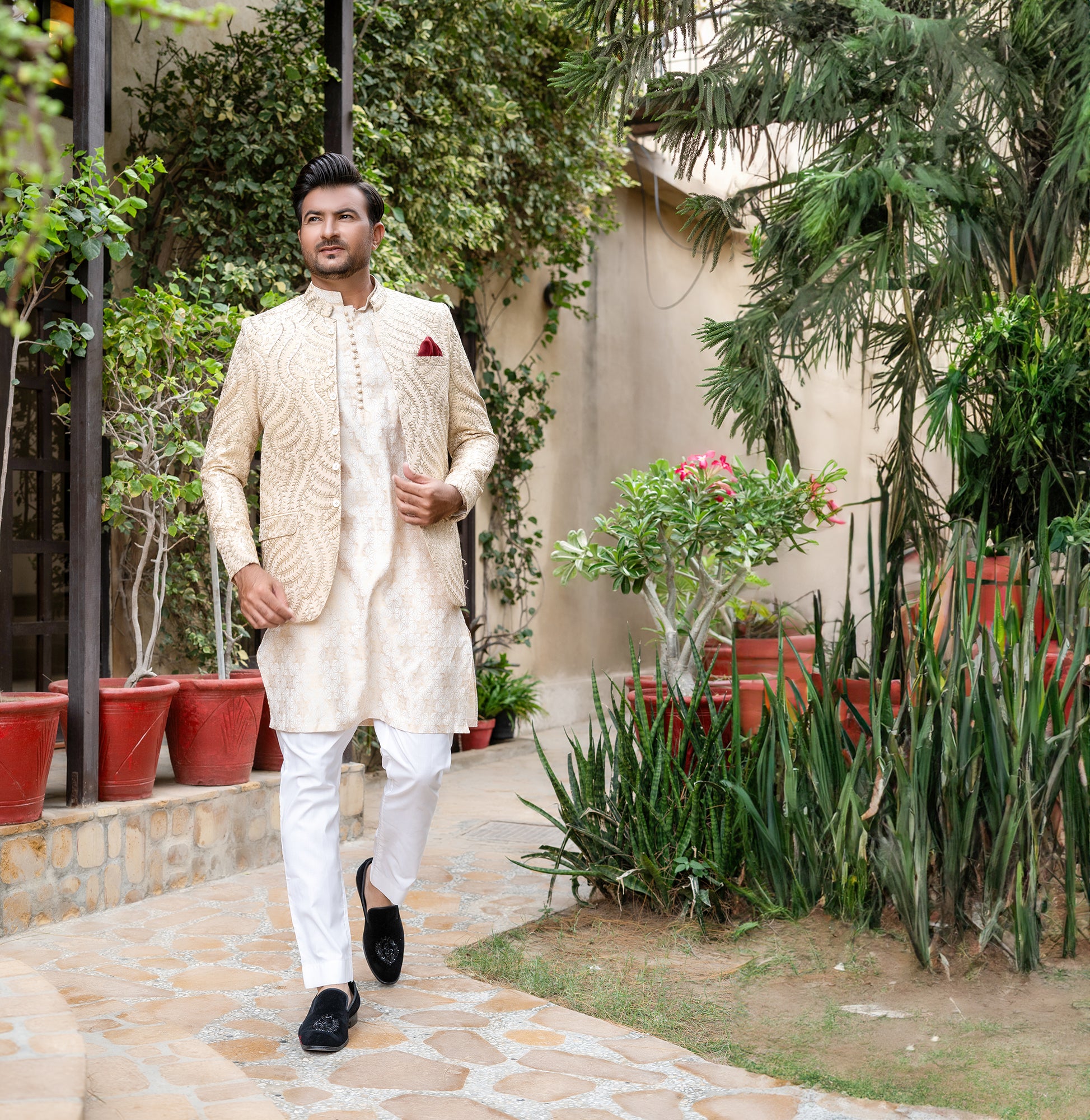 Ivory Gold Embroidered Silk-Blend Prince Coat (1-Pc) - Image 2