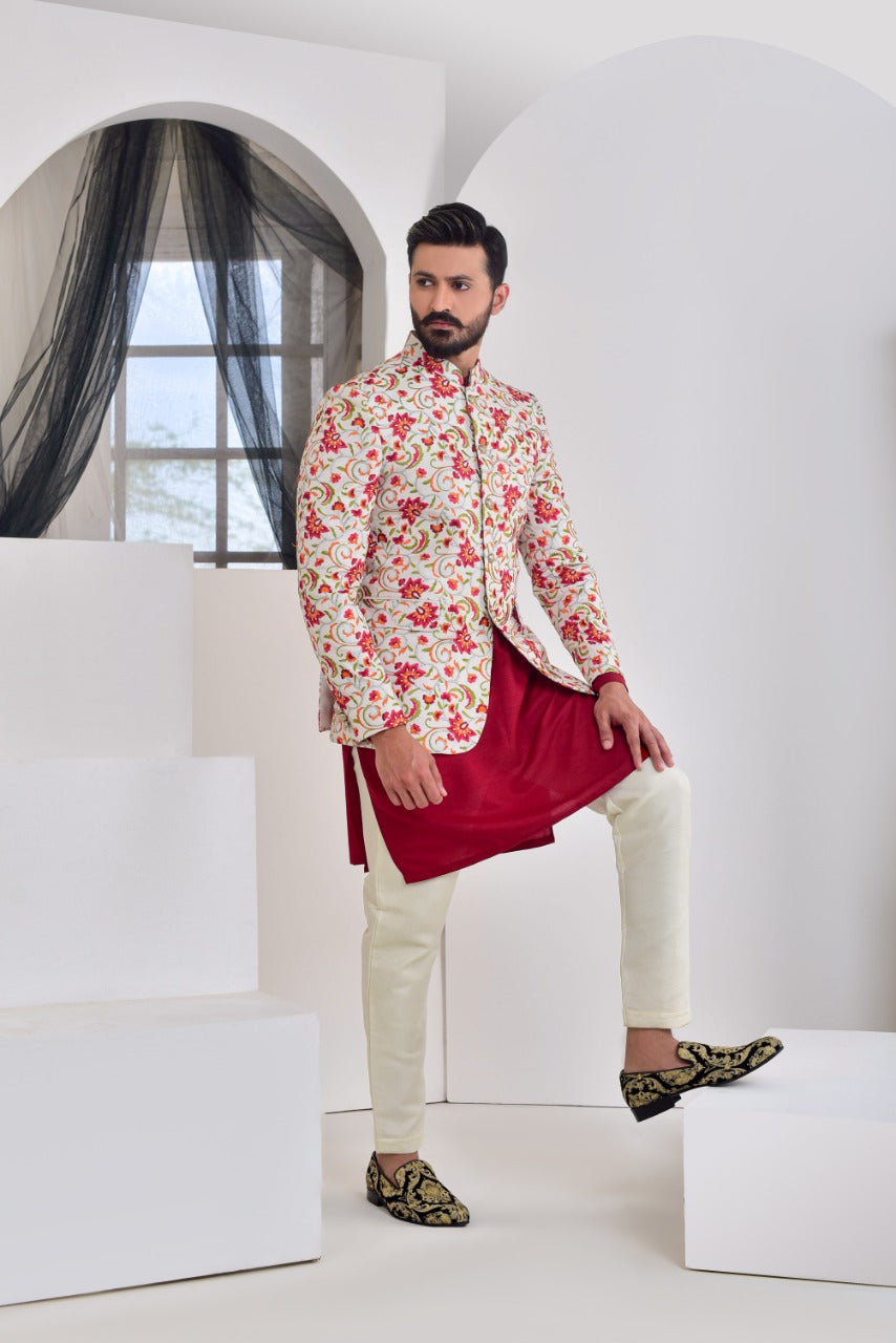Ivory Red Floral Embroidered Silk-Blend Prince Coat (3-Piece) - Image 1