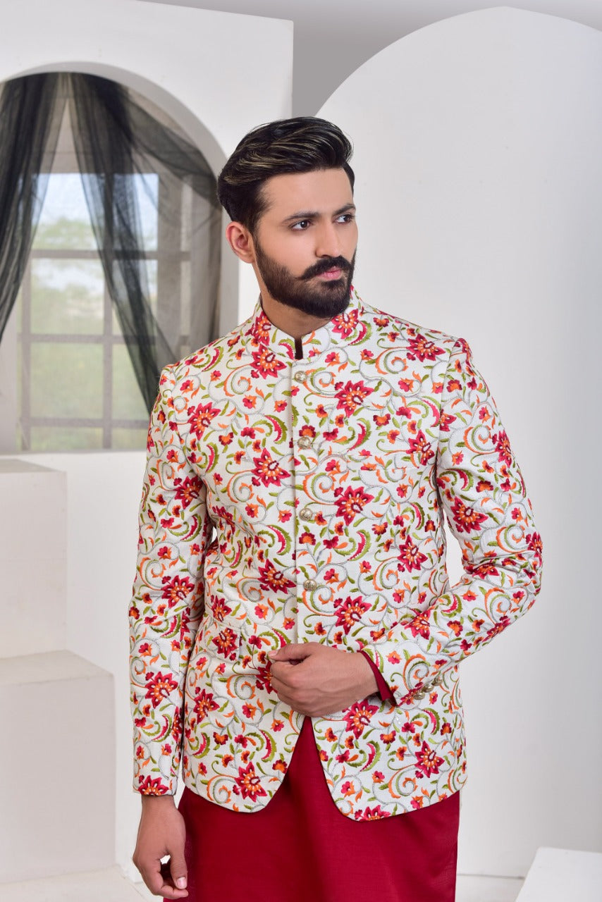 Ivory Red Floral Embroidered Silk-Blend Prince Coat (3-Piece) - Image 2