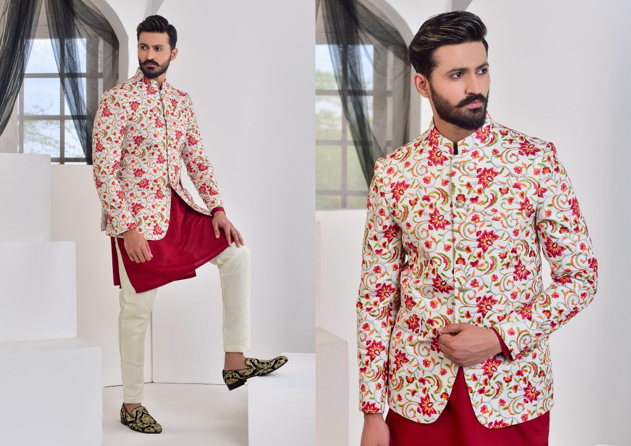 Ivory Red Floral Embroidered Silk-Blend Prince Coat (3-Piece) - Image 3