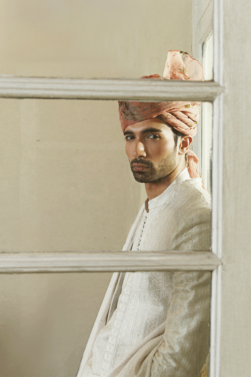 Ivory White Geometrical Embroidered Silk-Blend Prince Coat (4-Piece) - Image 2