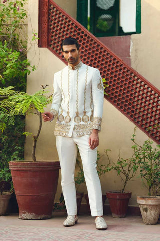 Off-White Gold Embroidered Silk-Blend Prince Coat (2-Piece) - Image 2