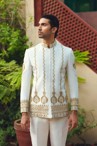 Off-White Gold Embroidered Silk-Blend Prince Coat (2-Piece) - Image 3