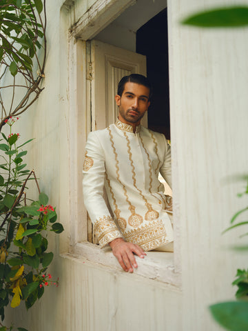 Off-White Gold Embroidered Silk-Blend Prince Coat (2-Piece) - Image 4