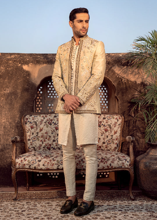 Ivory Hand-Embroidered Silk Blend Prince Coat (3-Piece) - Image 1