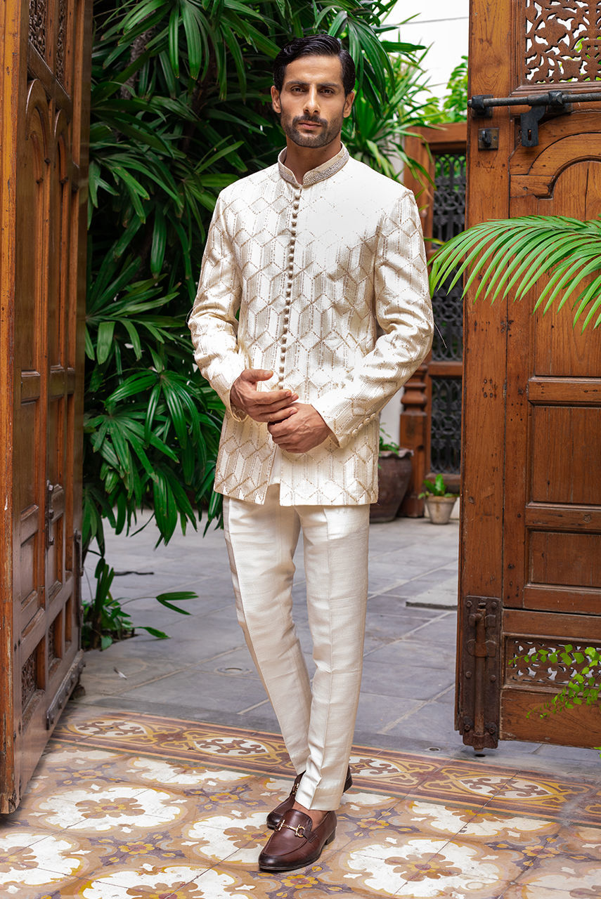 Off-White Hand-Embroidered Silk-Blend Prince Coat (3-Piece) - Image 1