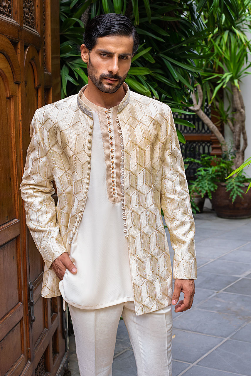 Off-White Hand-Embroidered Silk-Blend Prince Coat (3-Piece) - Image 2