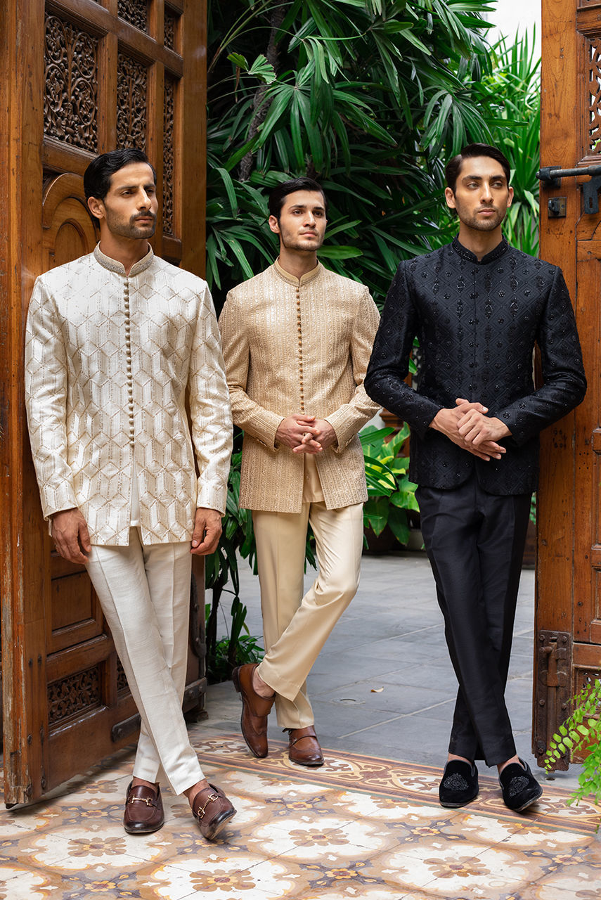 Off-White Hand-Embroidered Silk-Blend Prince Coat (3-Piece) - Image 3