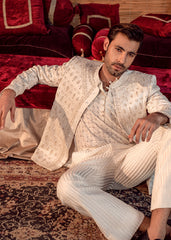 Ivory Hand-Embroidered Silk Blend Prince Coat (3-Piece) - Image 3