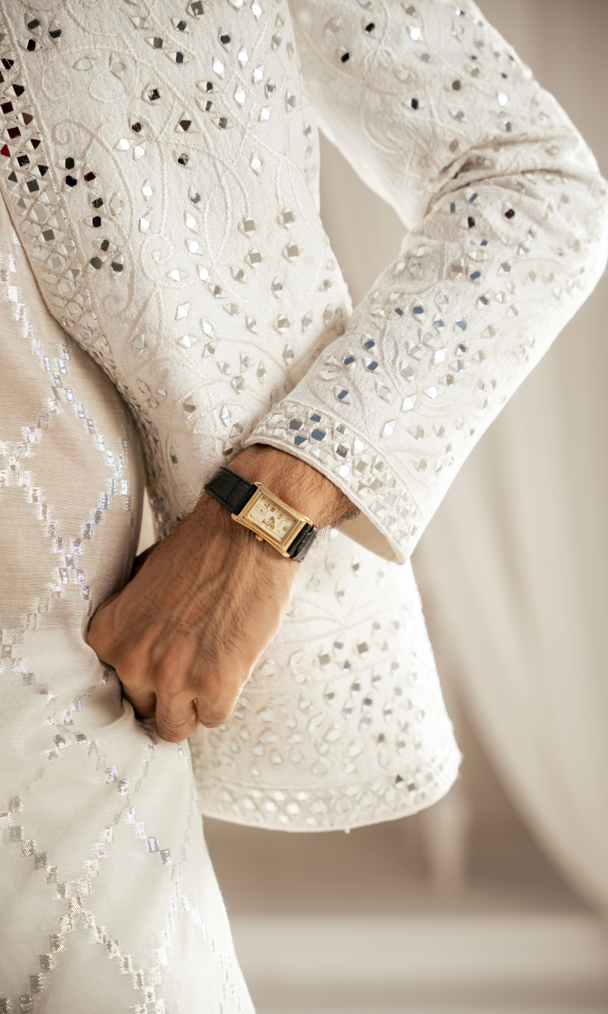 Ivory Mirror Work Silk-Blend Prince Coat (3-Piece) - Image 3