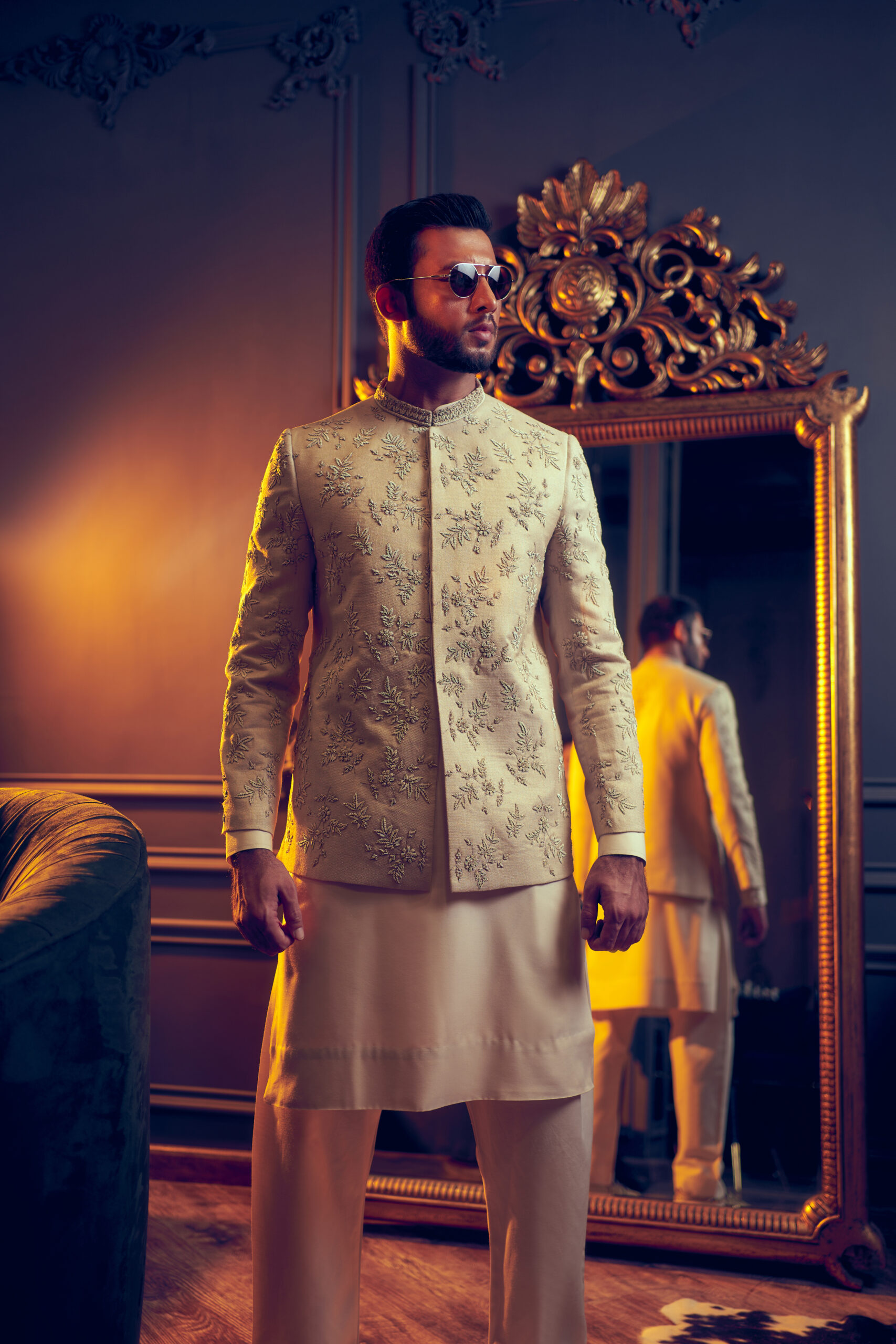 Off-White Embroidered Silk-Blend Prince Coat (3-Piece) - Image 2