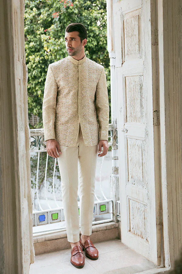 Ivory Gold Resham Embroidered Silk-Blend Prince Coat (2-Piece) - Image 1