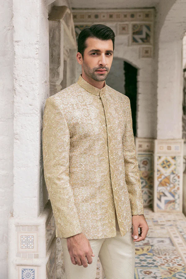Ivory Gold Resham Embroidered Silk-Blend Prince Coat (2-Piece) - Image 2