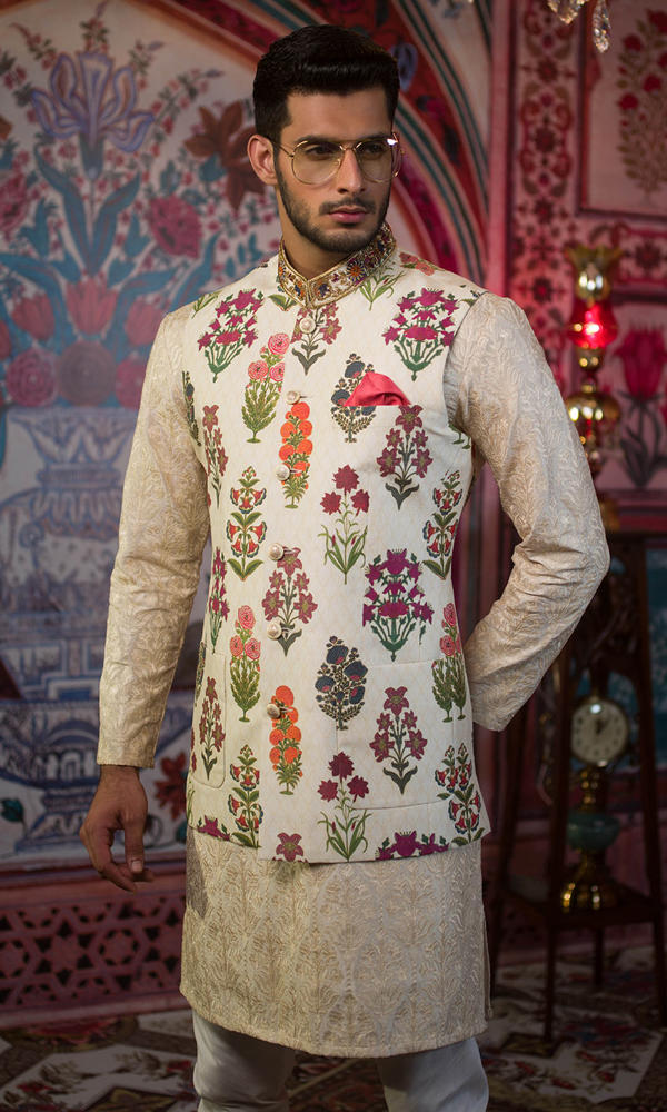 Ivory Floral Embroidered Silk-Blend Prince Coat (4-Piece) - Image 4