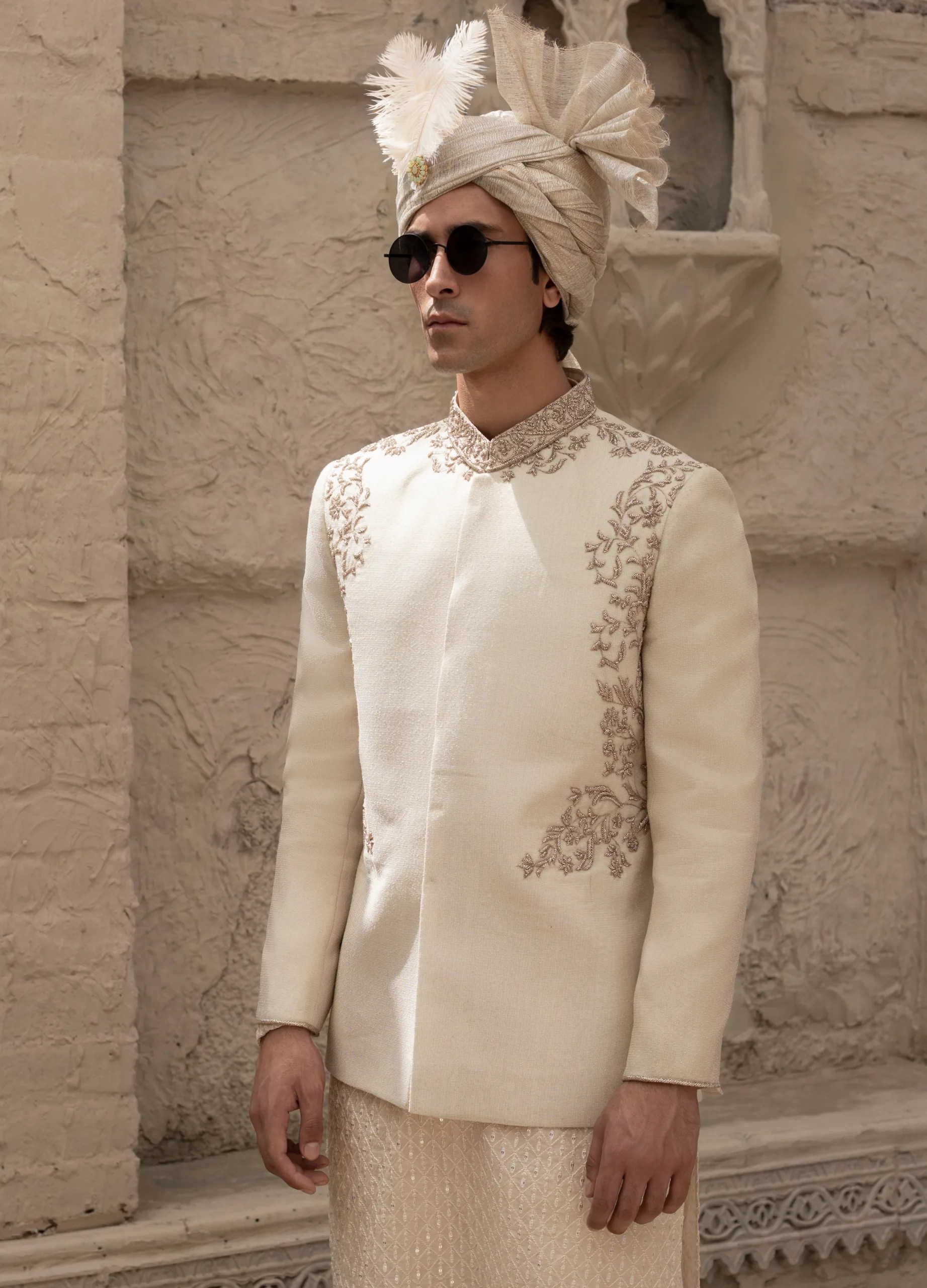 Ivory Embroidered Silk-Blend Prince Coat (1-Pc) - Image 1