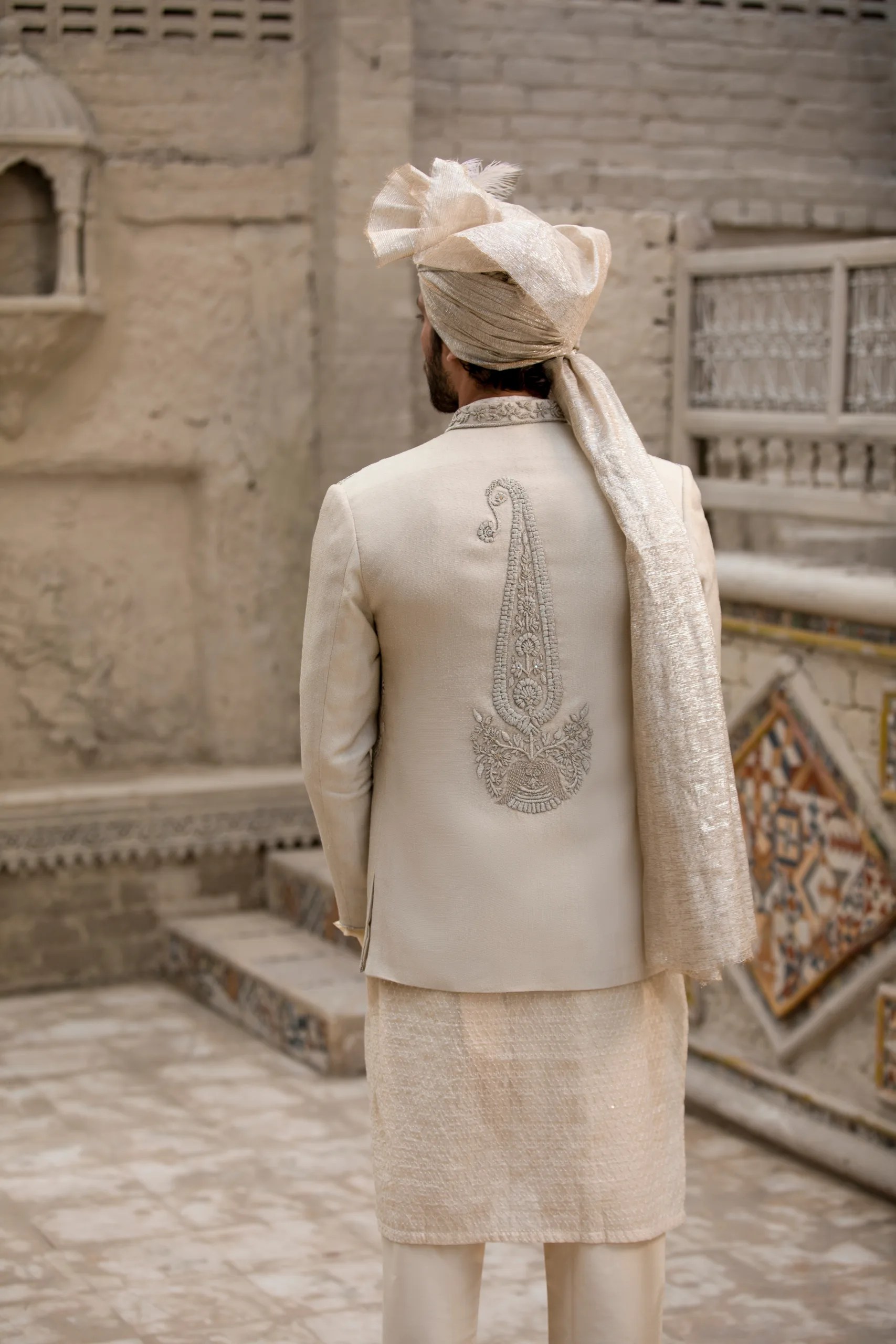 Ivory Embroidered Silk-Blend Prince Coat (1-Pc) - Image 7