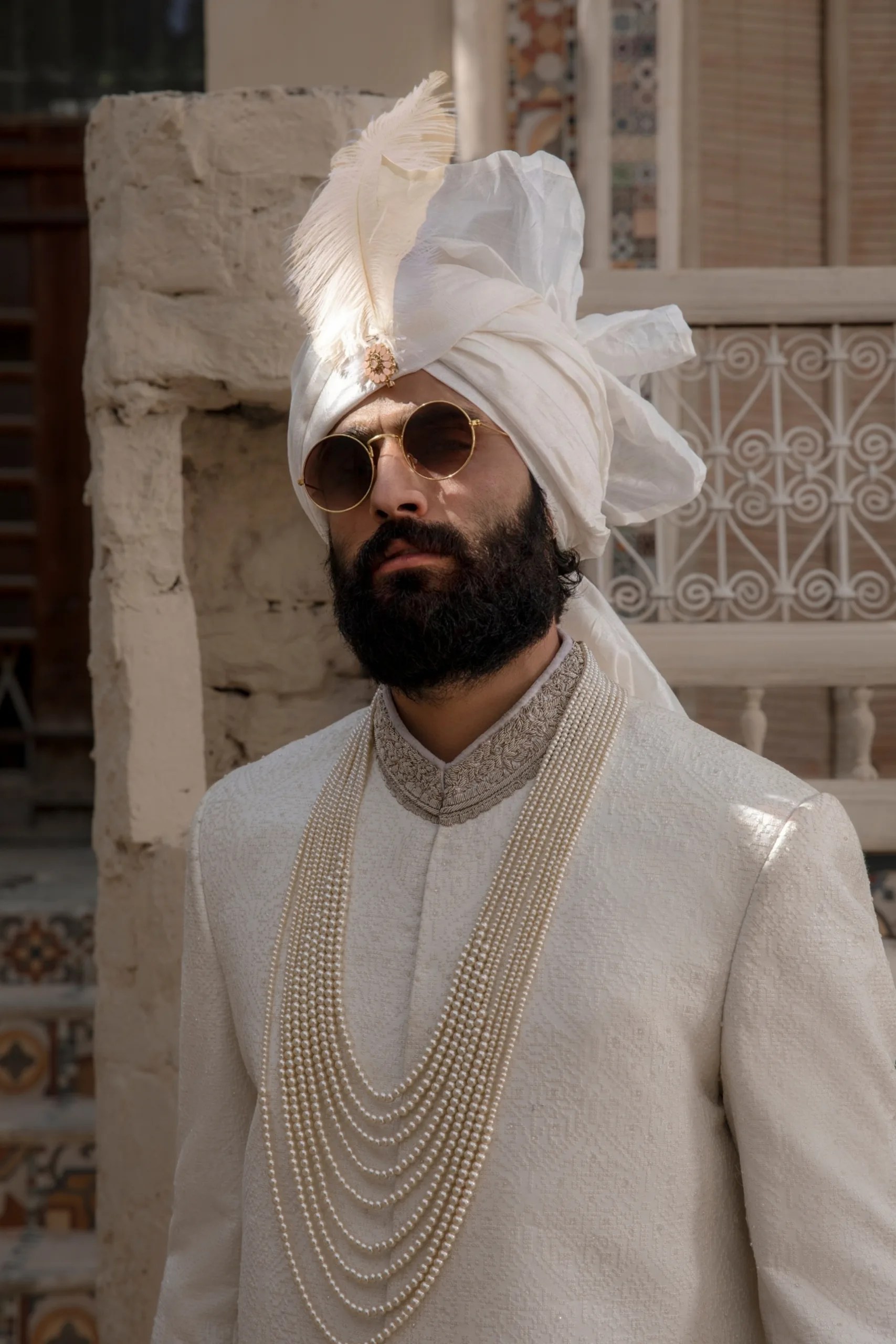 Off-White Gold Zari Silk-Blend Prince Coat (3-Piece) - Image 1