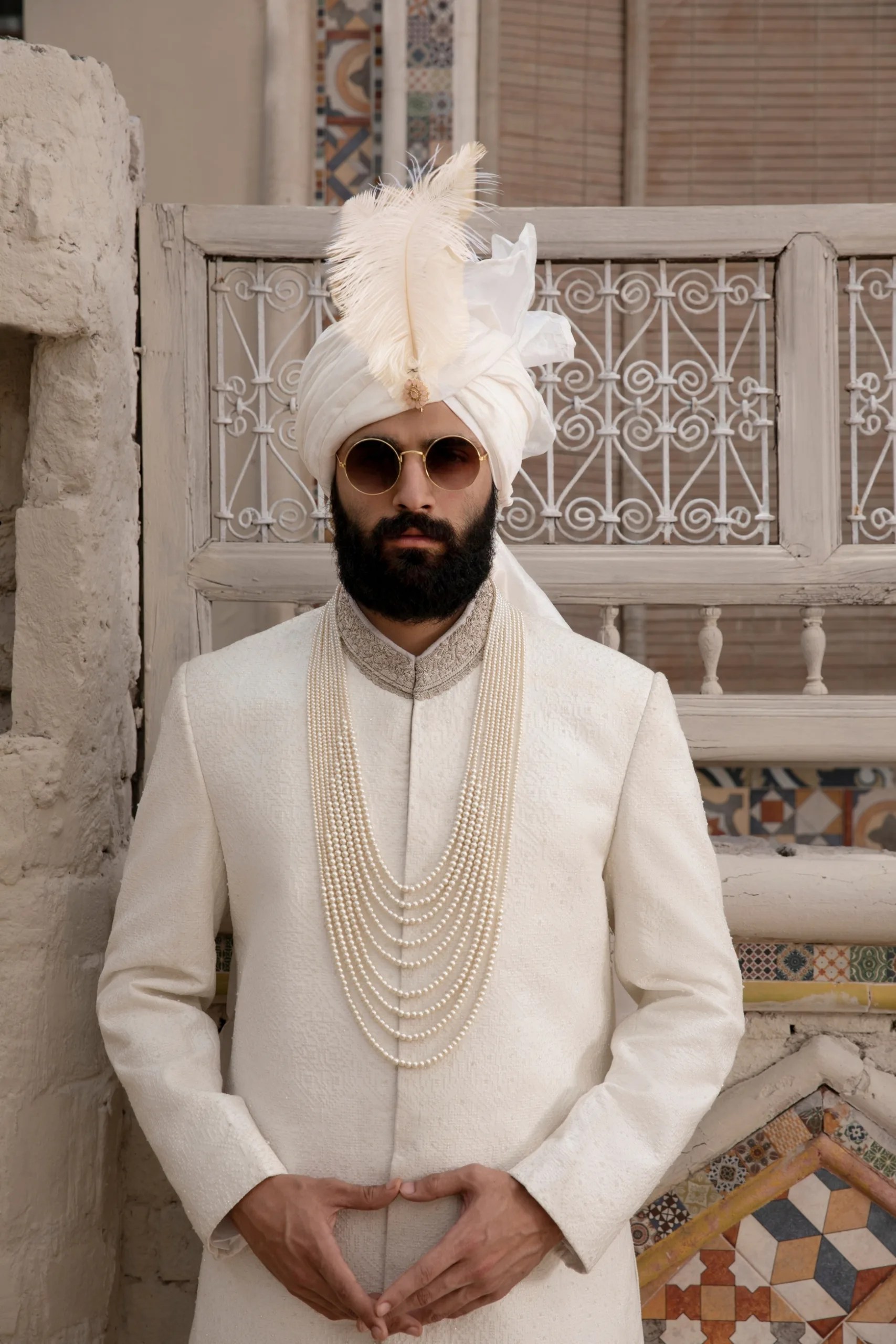 Off-White Gold Zari Silk-Blend Prince Coat (3-Piece) - Image 2